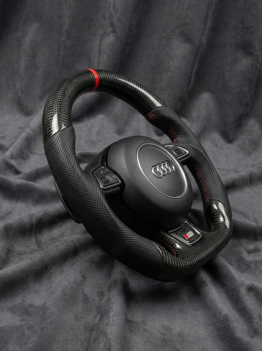Black Audi steering wheel on a dark fabric background