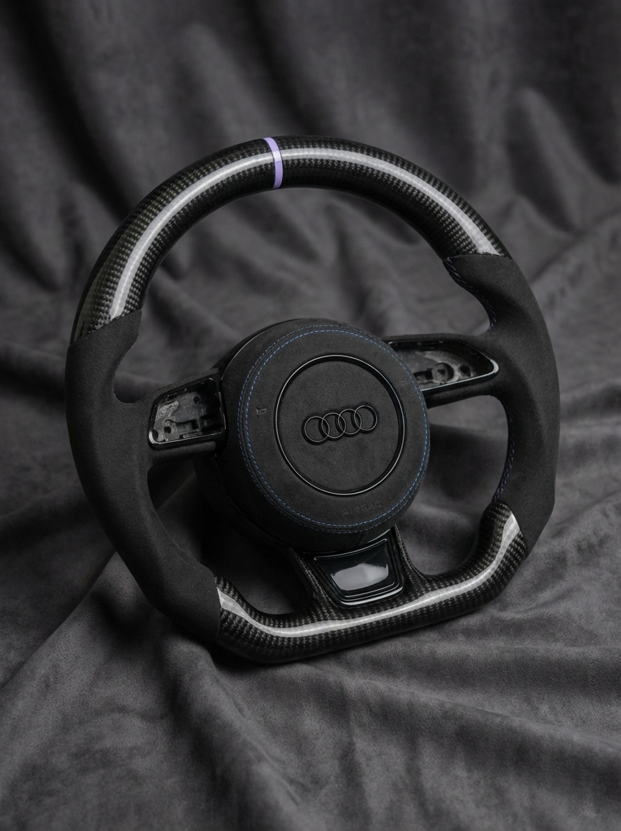 Black steering wheel with Audi logo on a dark fabric background