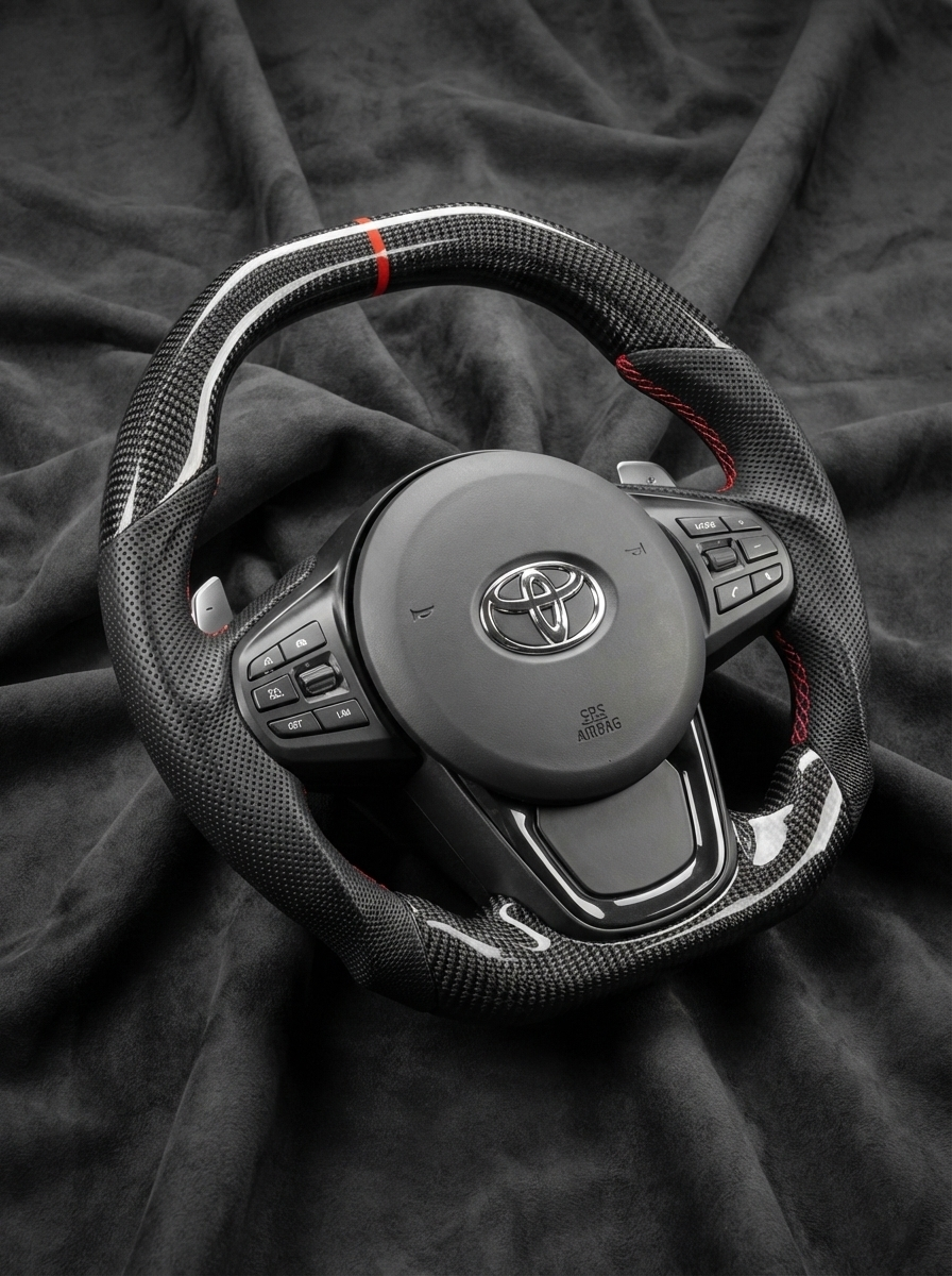 Car steering wheel with Toyota logo on a dark fabric background
