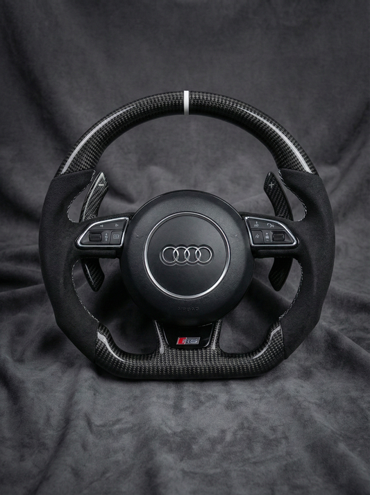 Steering wheel with Audi logo on a dark background