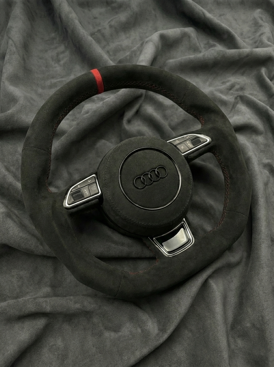 Steering wheel with Audi logo on a gray fabric background