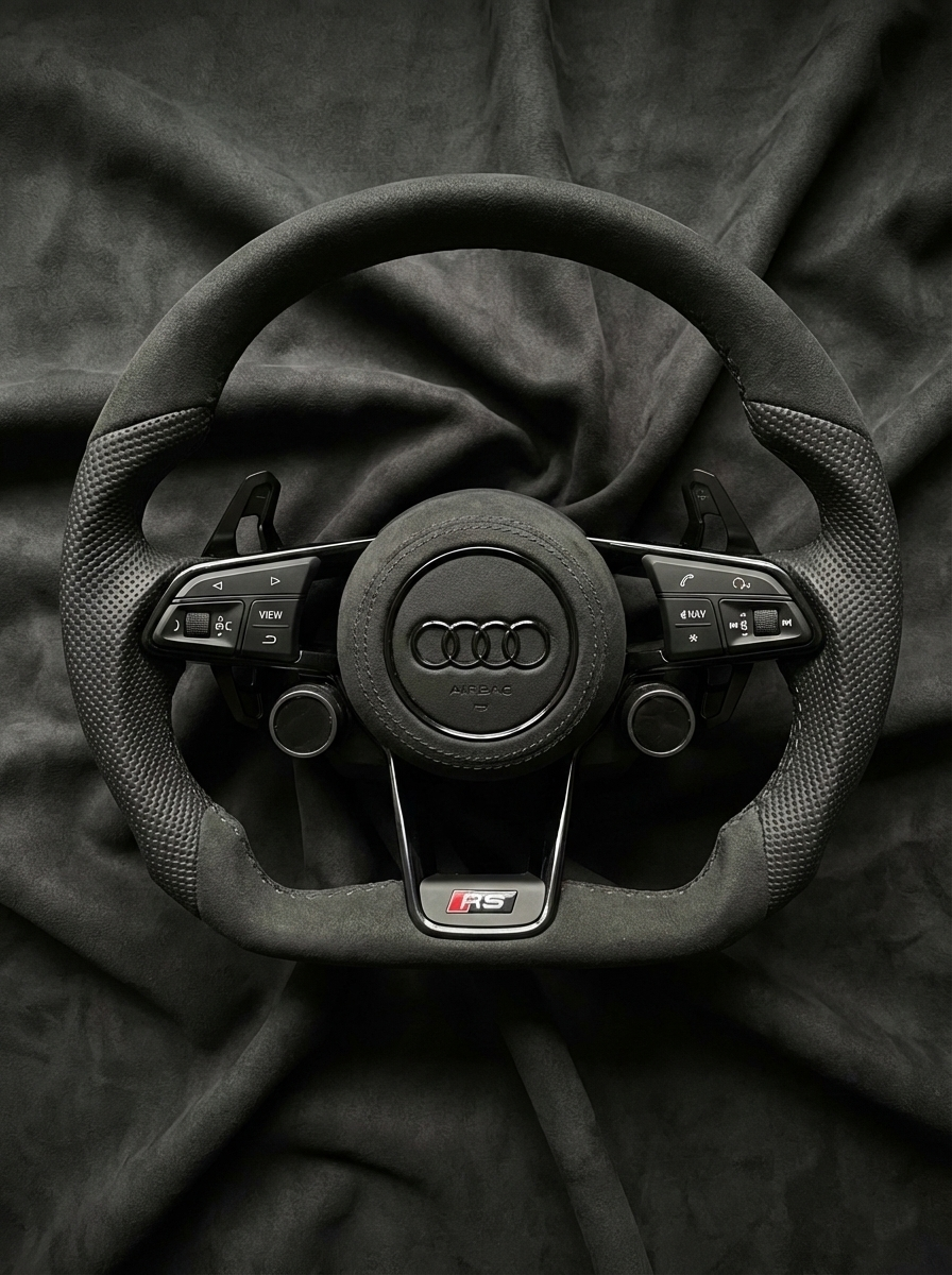 Steering wheel with Audi logo on a black fabric background