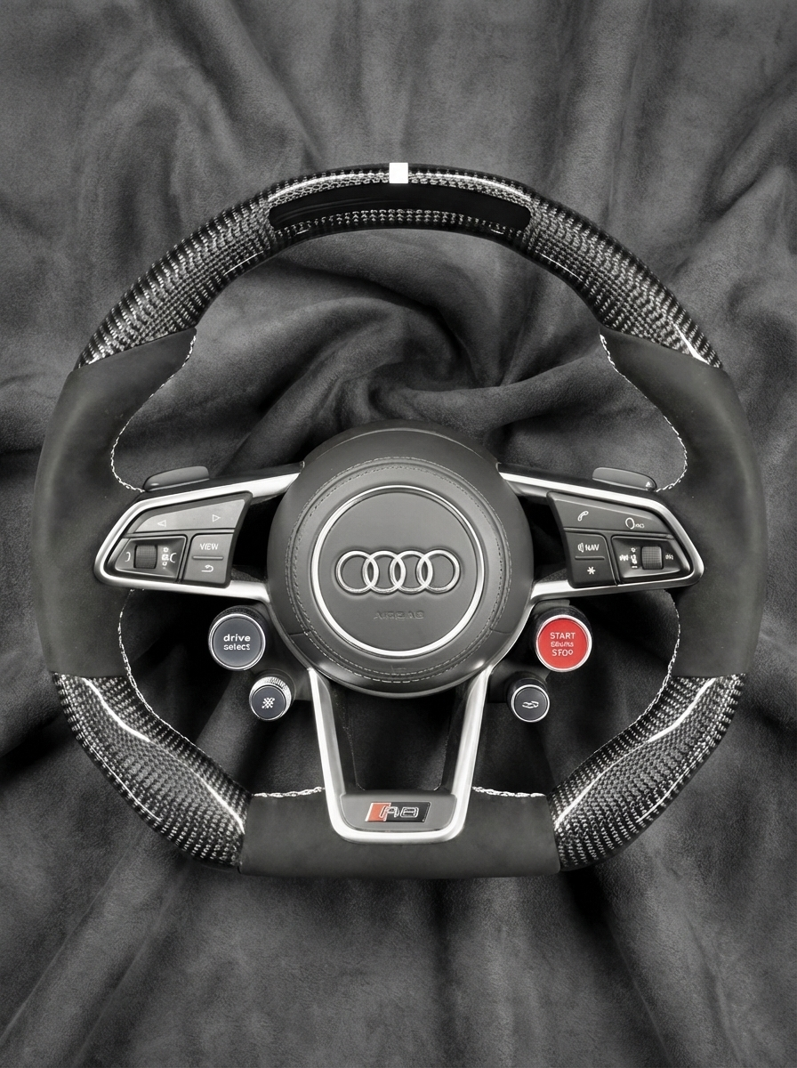 Steering wheel with Audi logo on a dark background