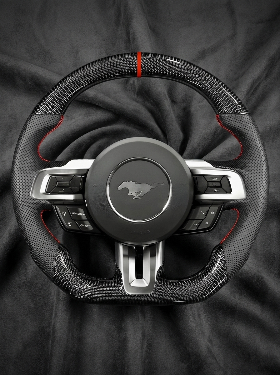 Car steering wheel with Mustang logo on a dark background