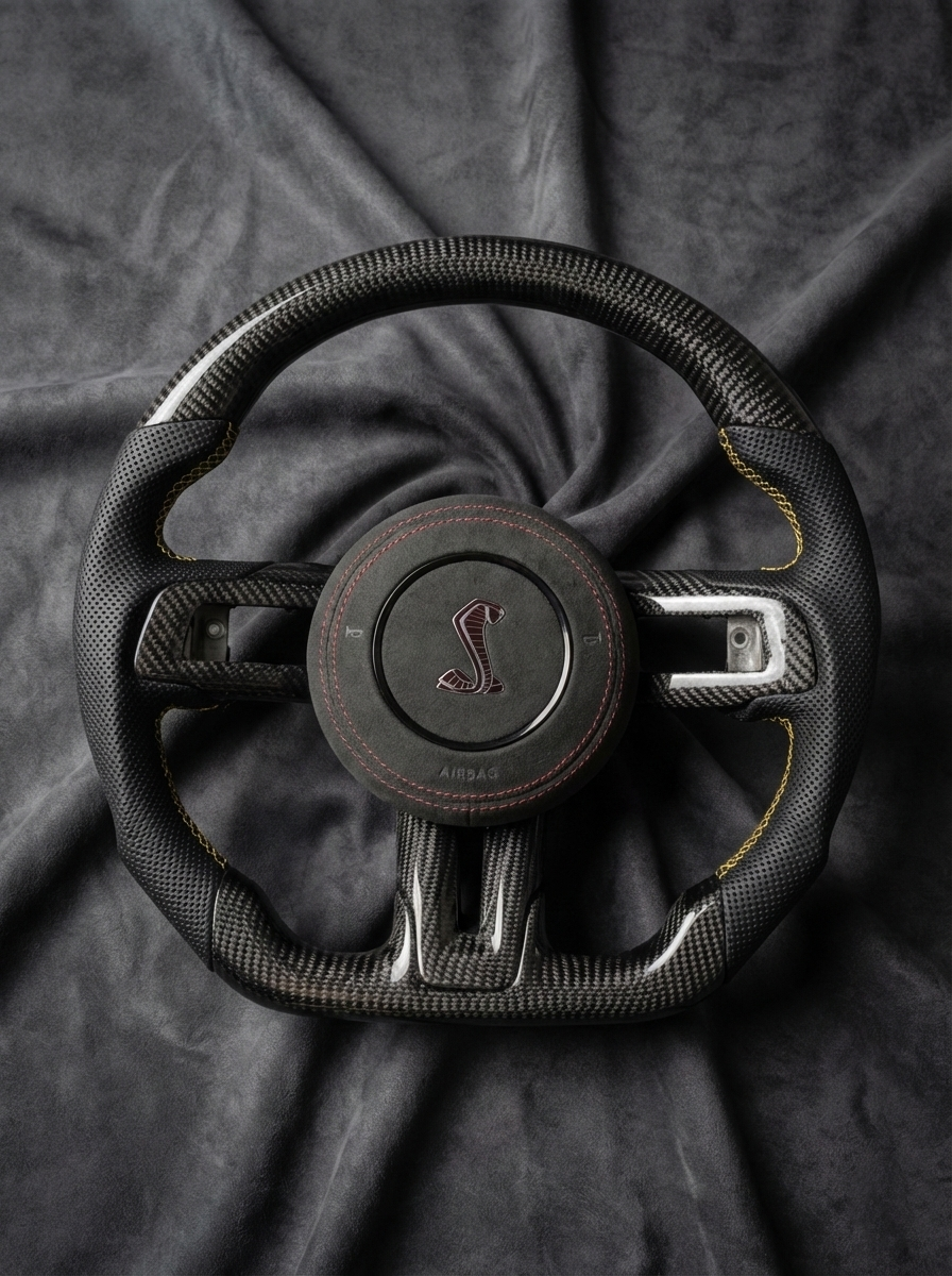 Steering wheel with a logo on a dark fabric background