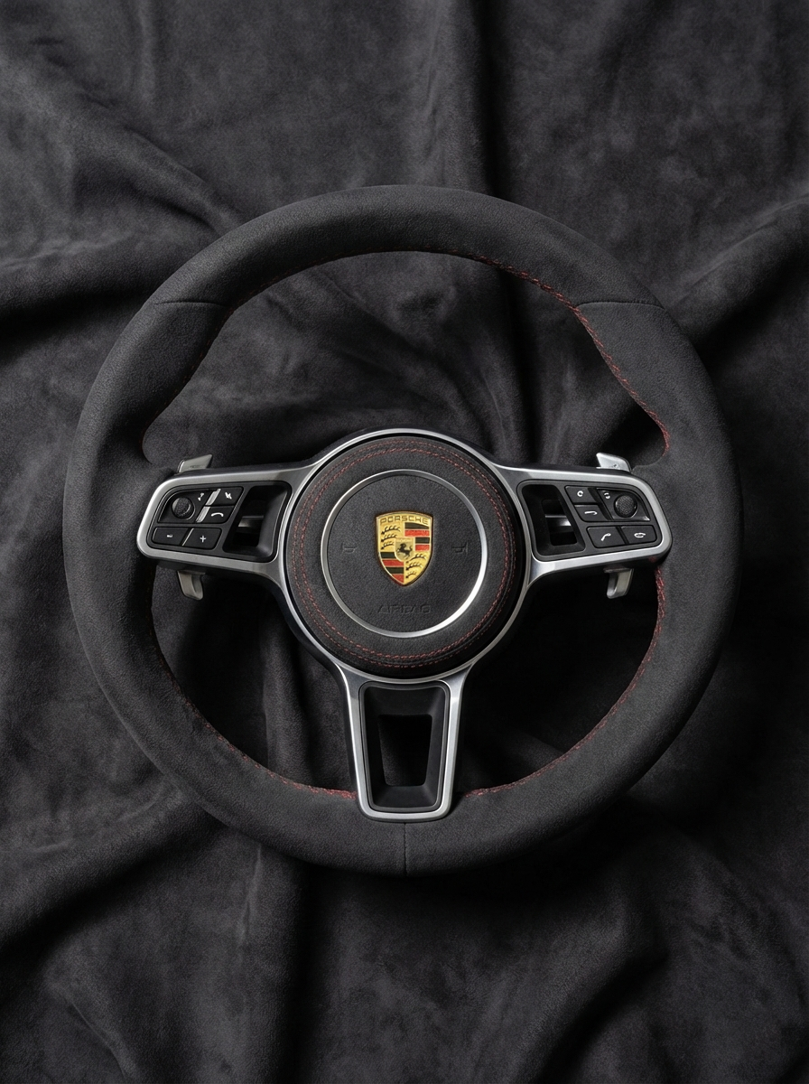 Steering wheel with Porsche logo on a dark fabric background
