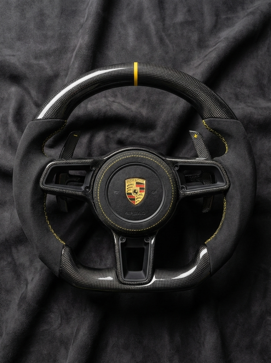 Black Porsche steering wheel with logo on a dark fabric background