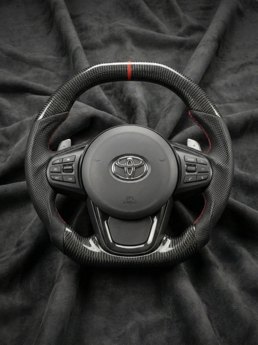Steering wheel with Toyota logo on a dark fabric background