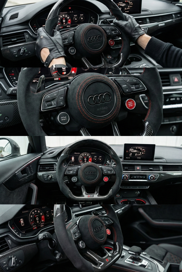 Collage of an Audi car interior with a steering wheel and dashboard.