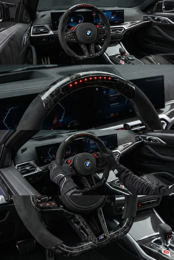 Collage of a BMW car interior with steering wheel and dashboard.