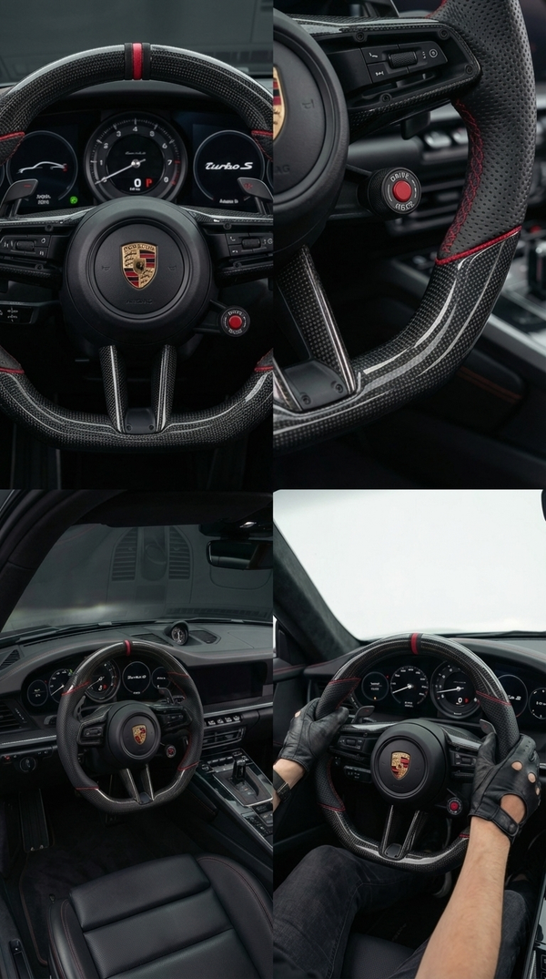 Close-up of a Porsche steering wheel and dashboard with a person inside the car.
