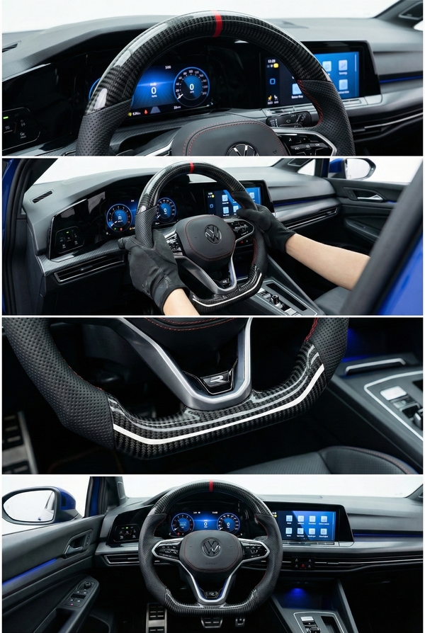 Collage of a car's interior with steering wheel and dashboard
