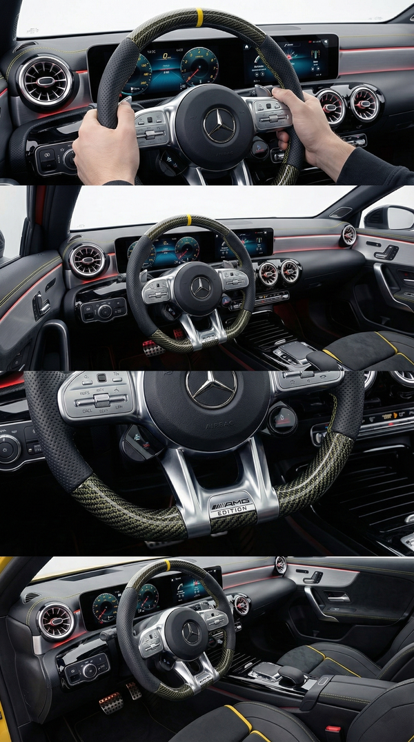Close-up of a car's steering wheel and dashboard with a Mercedes-Benz logo.
